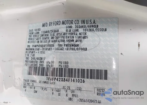 2004 Ford Mustang Gt z USA, uszkodzony, nr VIN 1FAFP42X84F141026